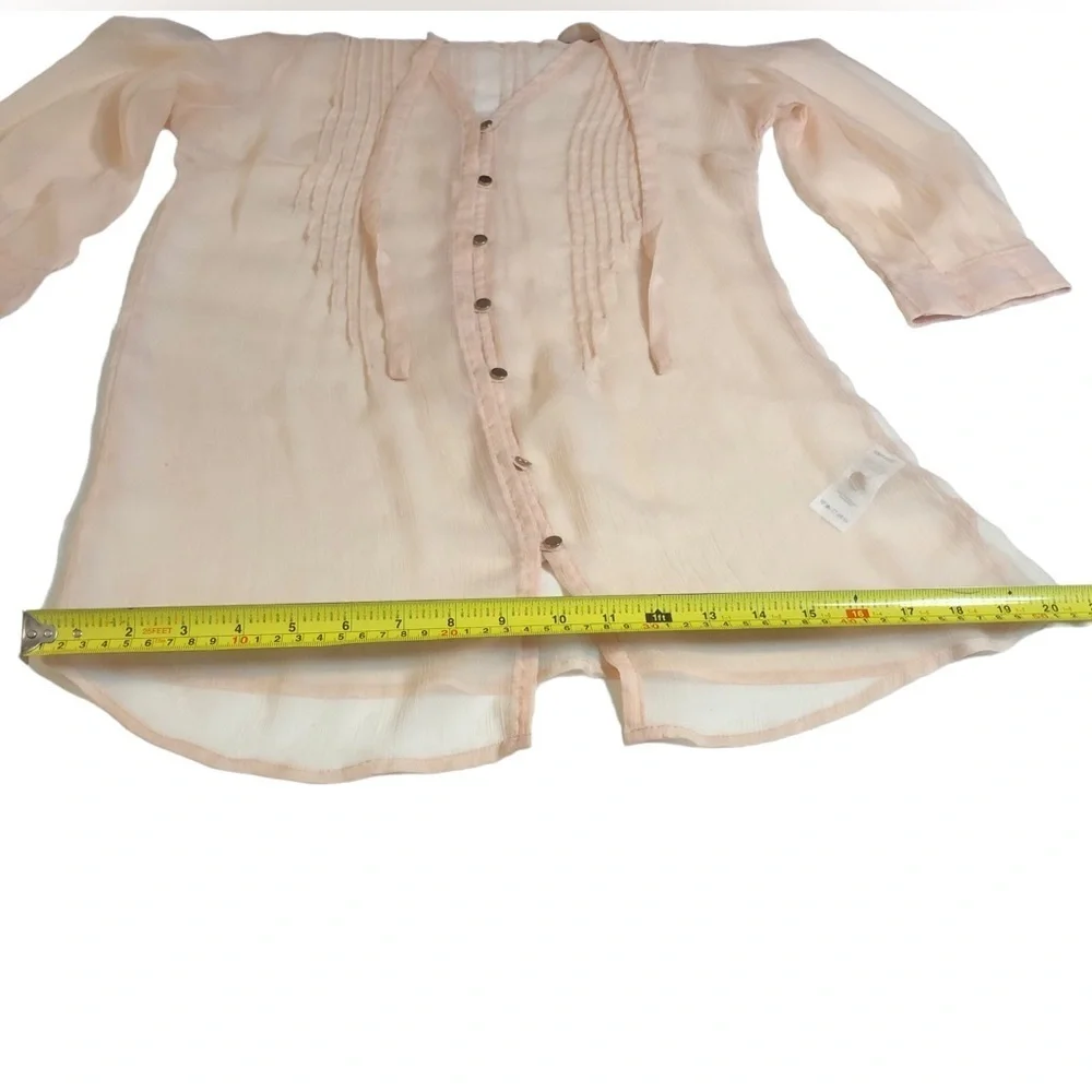 Blush Gauzy Chiffon Sheer Tunic Blouse with Buttons and Pleats - Picture 8 of 16